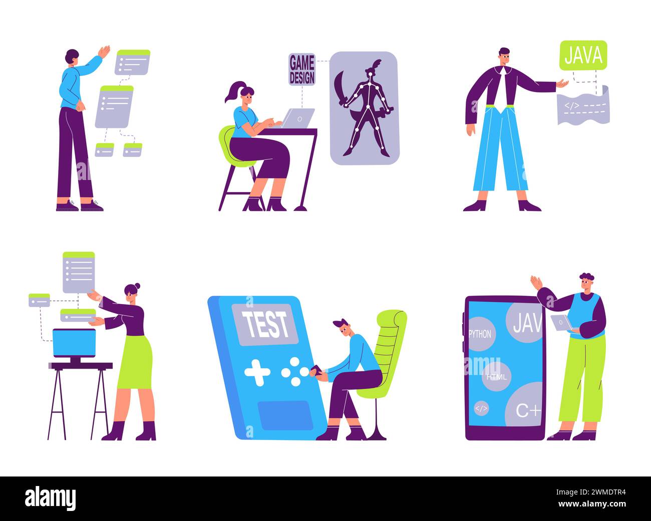 Software developers, game designers, javascript programmers characters Stock Vector
