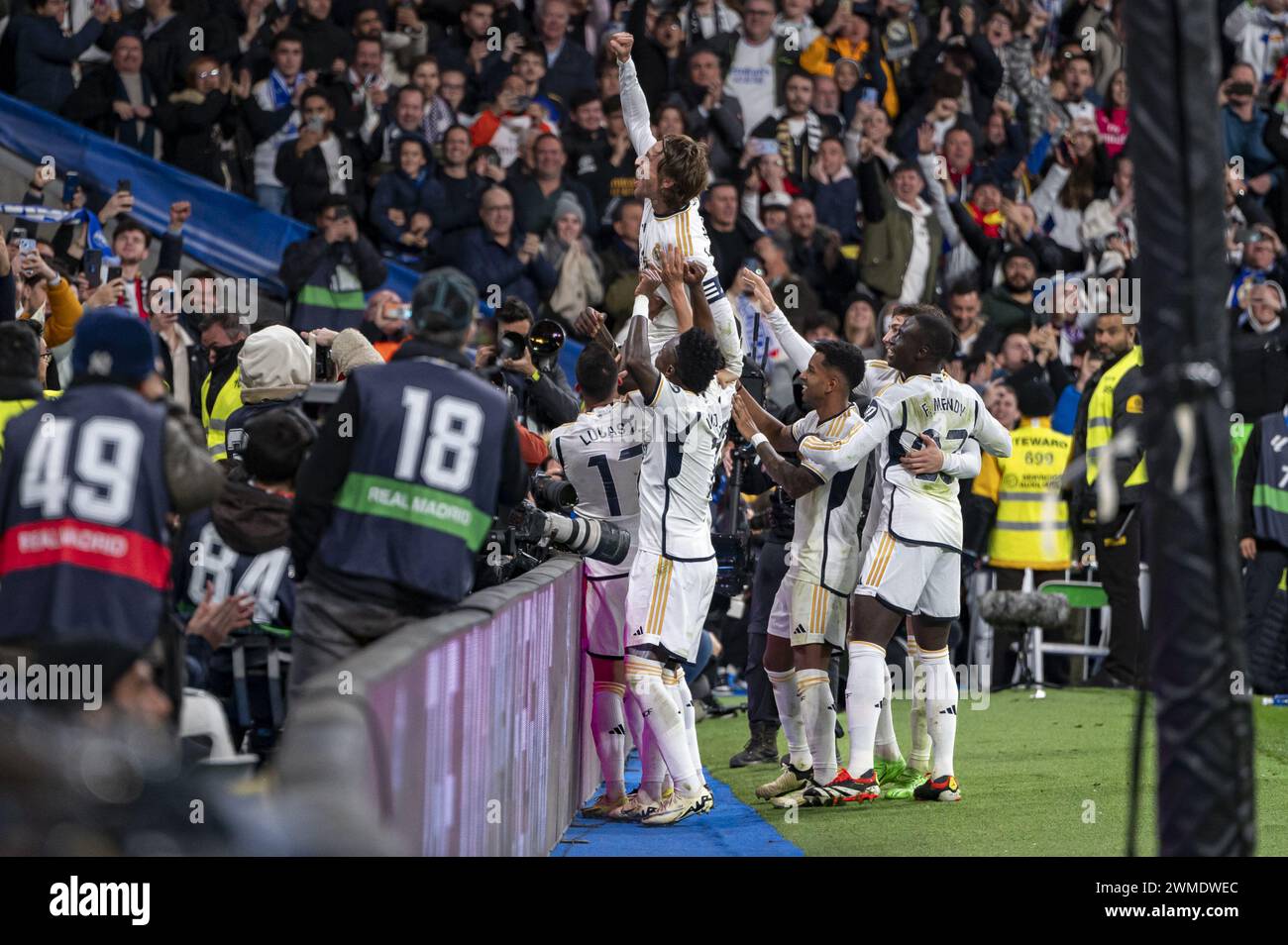 Madrid, Spain. 25th Feb, 2024. Luka Modric of Real Madrid seen celebrating his goal with his teammates and the fans during the La Liga EA Sports 2023/24 football match between Real Madrid vs Sevilla at Santiago Bernabeu stadium in Madrid, Spain. Credit: Independent Photo Agency/Alamy Live News Stock Photo