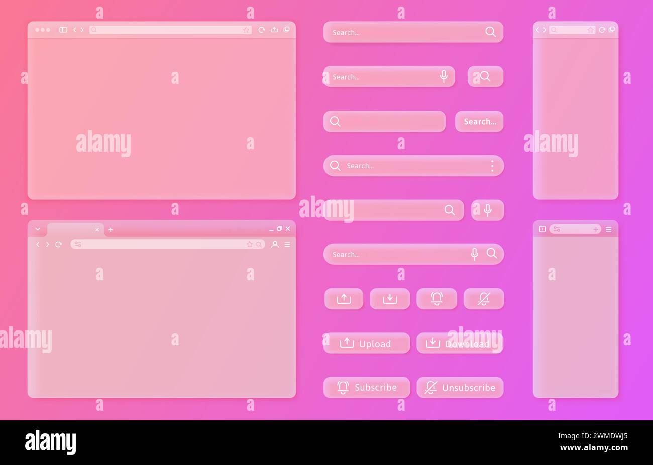 Transparent internet browser window. User interface elements, search bars and action buttons vector UI template set Stock Vector