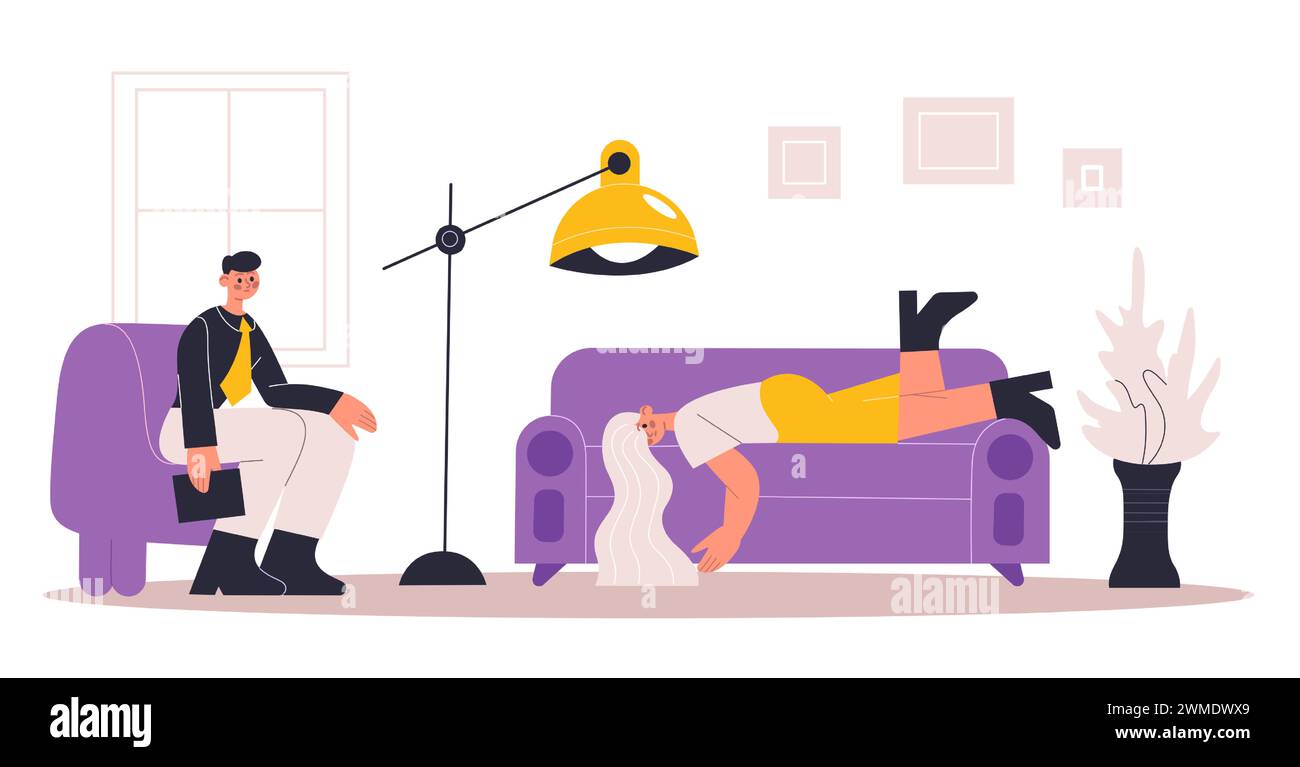 Psychotherapy help individual. Male psychologist listening to depressed woman. Female patient lying on sofa Stock Vector