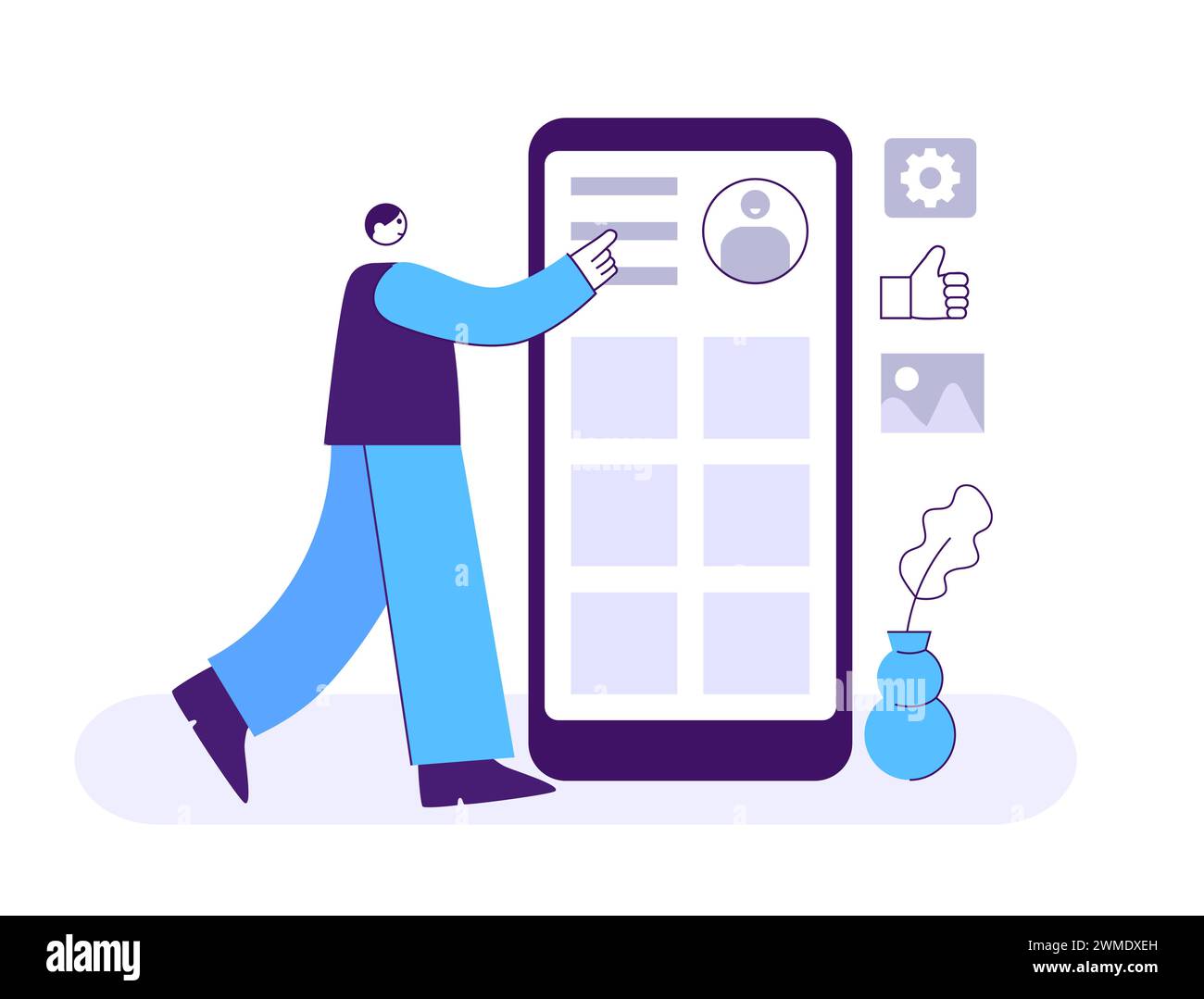 SMM manager concept. Man working in social media to promote account attracting new followers. Network marketing Stock Vector