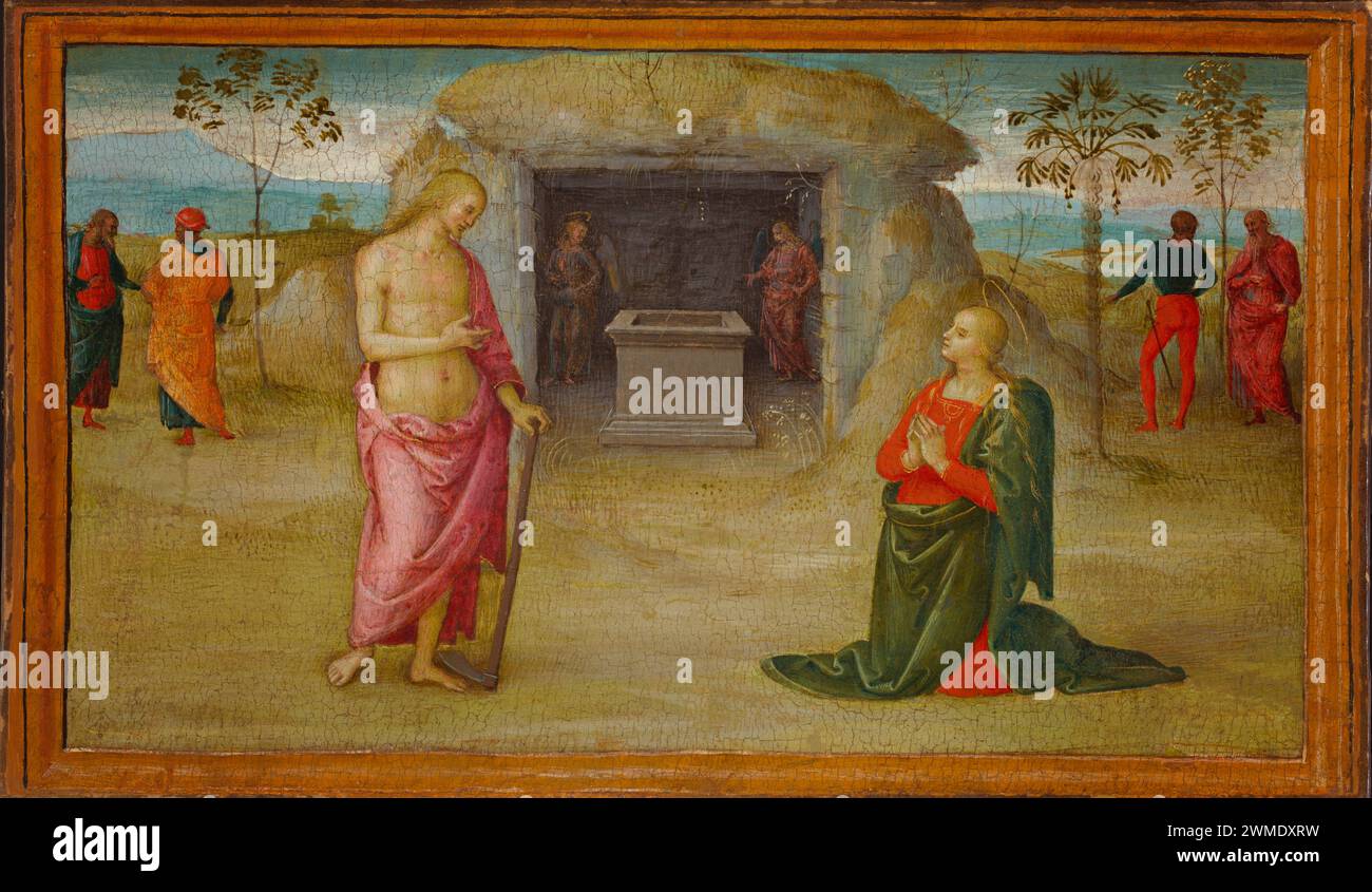 Perugino (Pietro di Cristoforo Vannucci), 'Noli Me Tangere', 1500/05; Italian Renaissance depiction of a biblical scene with Christ and Mary Magdalene post-resurrection, highlighting Perugino's serene artistry and influence on Raphael, rendered in tempera on panel, part of a predella revealing Christ’s divinity Stock Photo