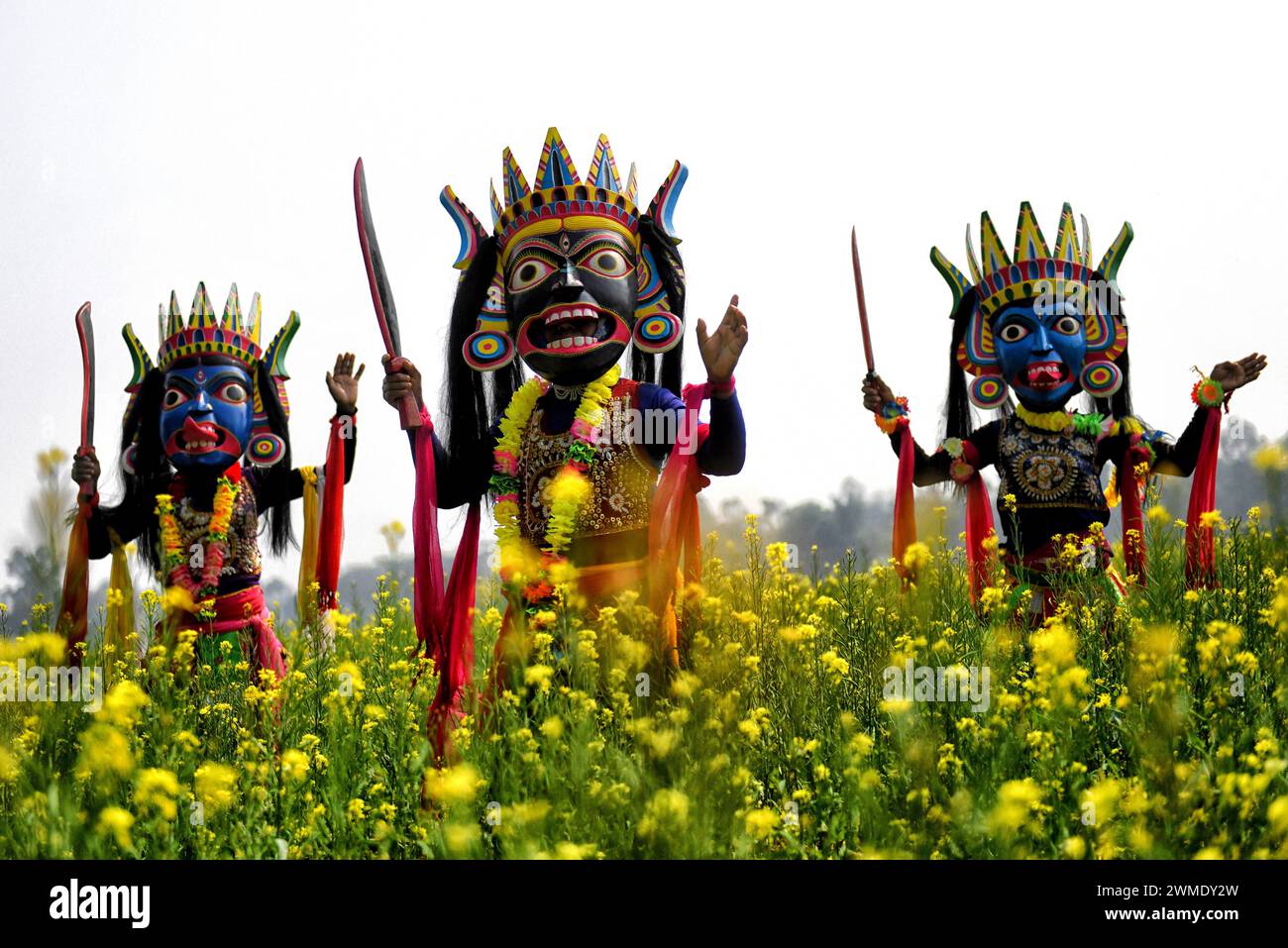 Masked dancers of Gomira dance troupe perform at a mastered field in Kushmandi village near Raiganj. Gomira is a masked dance form. The word ‘Gomira' has been derived from the colloquial form of the word ‘Gram-Chandi' or the female deity who is the protective force of the village. The exact origin of the dance form is not traceable and the knowledge has been lost over time. Gomira dance is a rural dance form mainly practiced in the Dinajpur district of West Bengal. The Gomira dances are organized to appease the deity to usher in the 'good forces' and drive out the 'evil forces'. It is usually Stock Photo