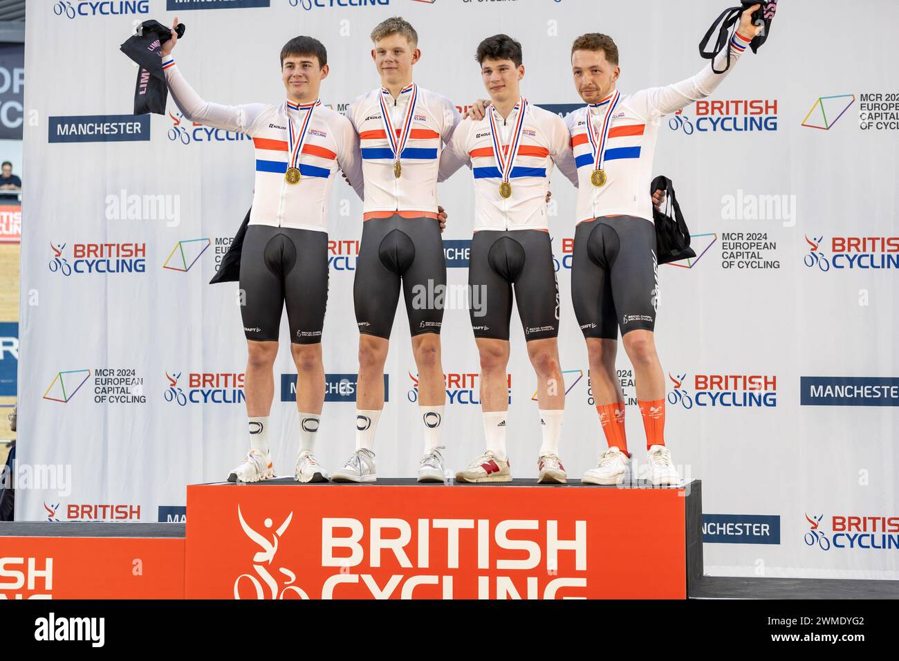 British National Track Championships 2024, Manchester, 25 February 2024, Men Team Pursuit Final - Team Wales- FISHER Sam, ROBERTS William, SALTER William and TARLING Finlay, Credit: Aaron Badkin/Alamy Live News Stock Photo