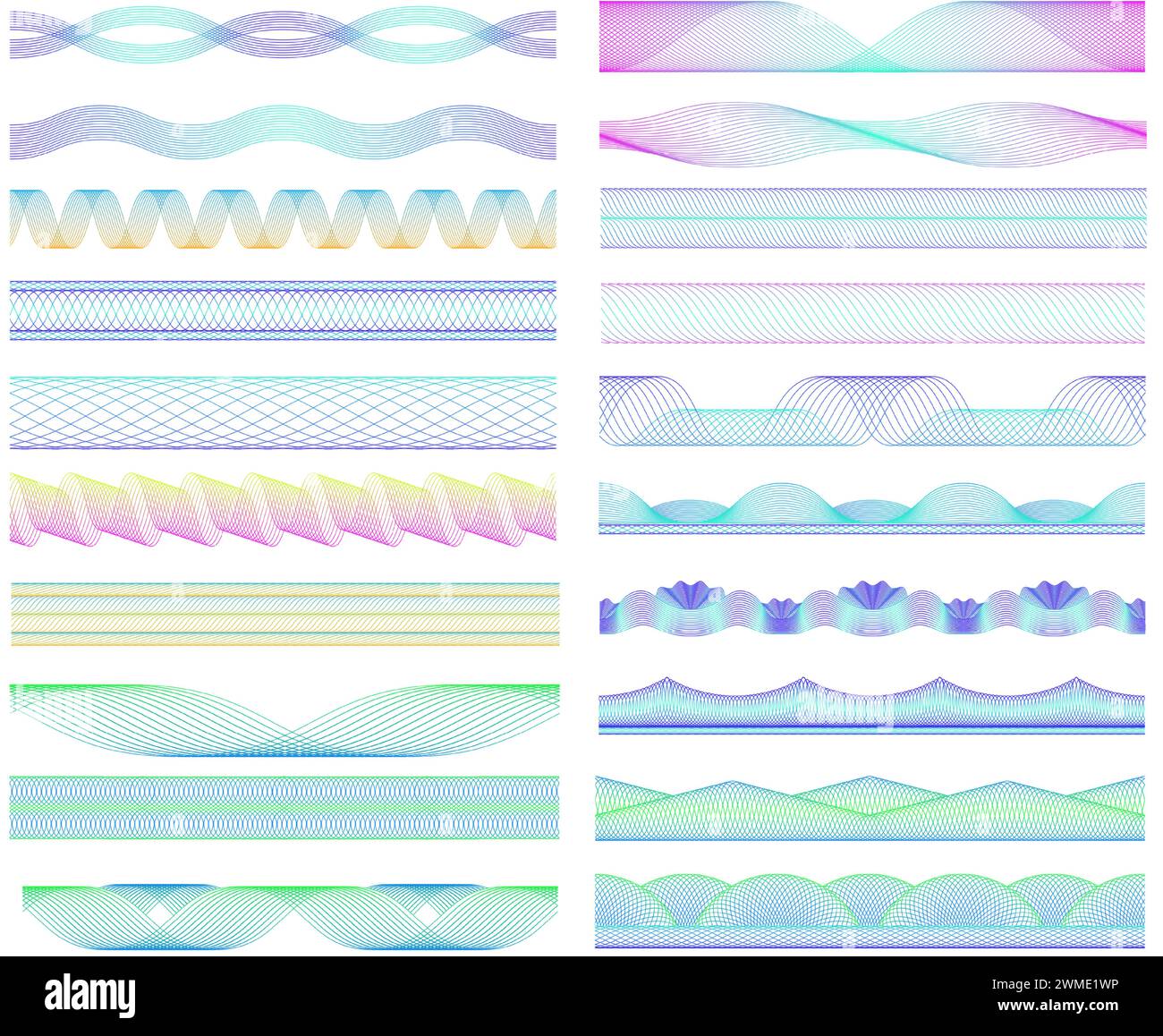 Seamless guilloche dividers. Colorful wave patterns and spirograph lines decorative elements vector set Stock Vector