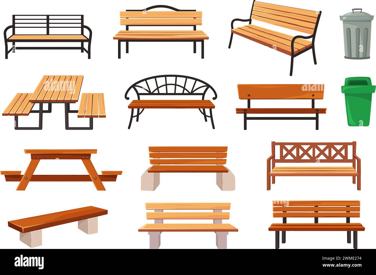 Garden bench. Outdoor furniture, park benches, waste bins and picnic tables cartoon vector illustration set Stock Vector