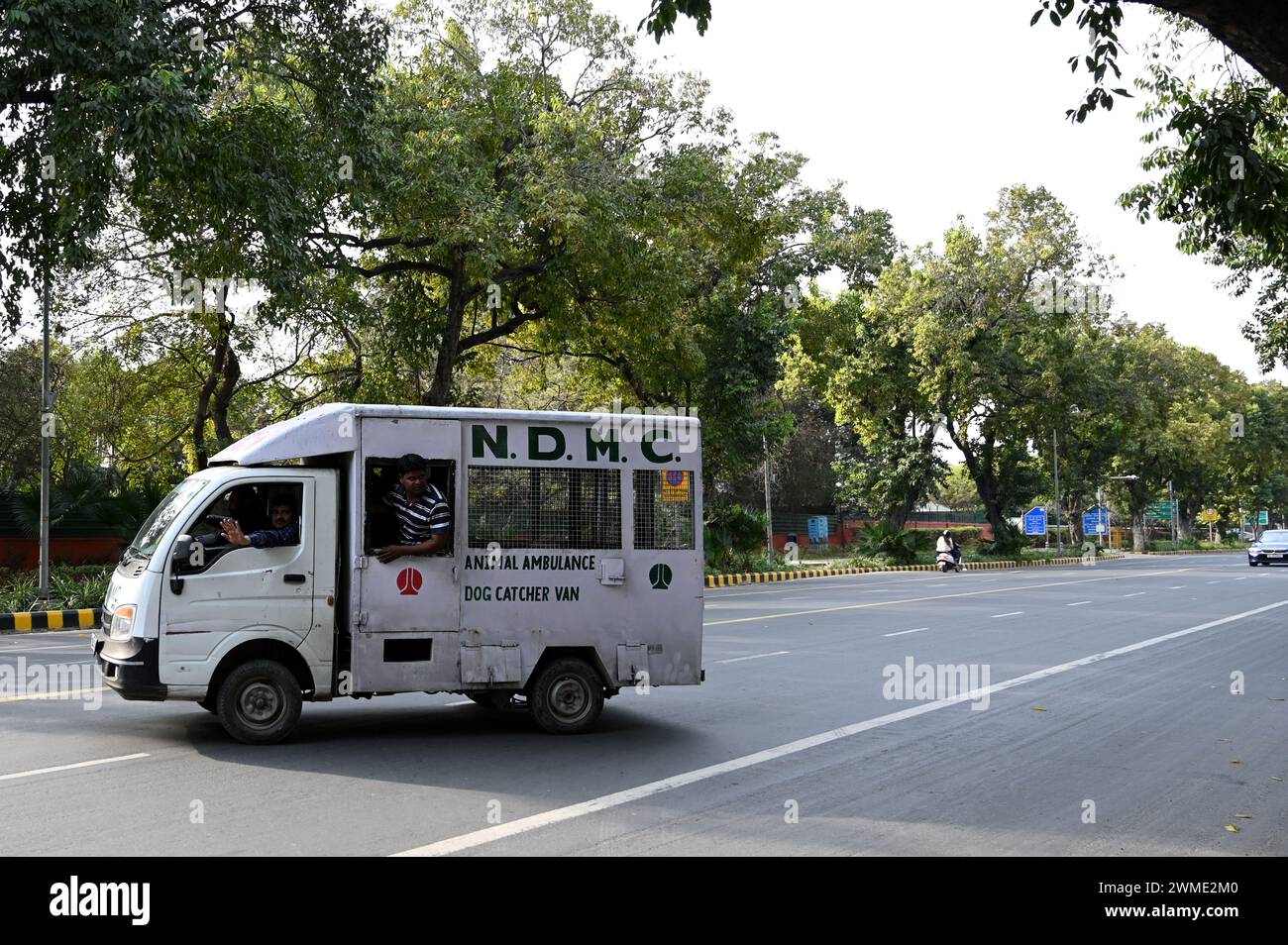 New Delhi, India. 25th Feb, 2024. NEW DELHI, INDIA - FEBRUARY 25: NDMC dog catcher van moving around the area after a 18 month old child died after street dogs attack and bite during yesterday evening at Tughlak lane Dhobi Ghat, on February 25, 2024 in New Delhi, India. (Photo by Salman Ali/Hindustan Times/Sipa USA ) Credit: Sipa USA/Alamy Live News Stock Photo