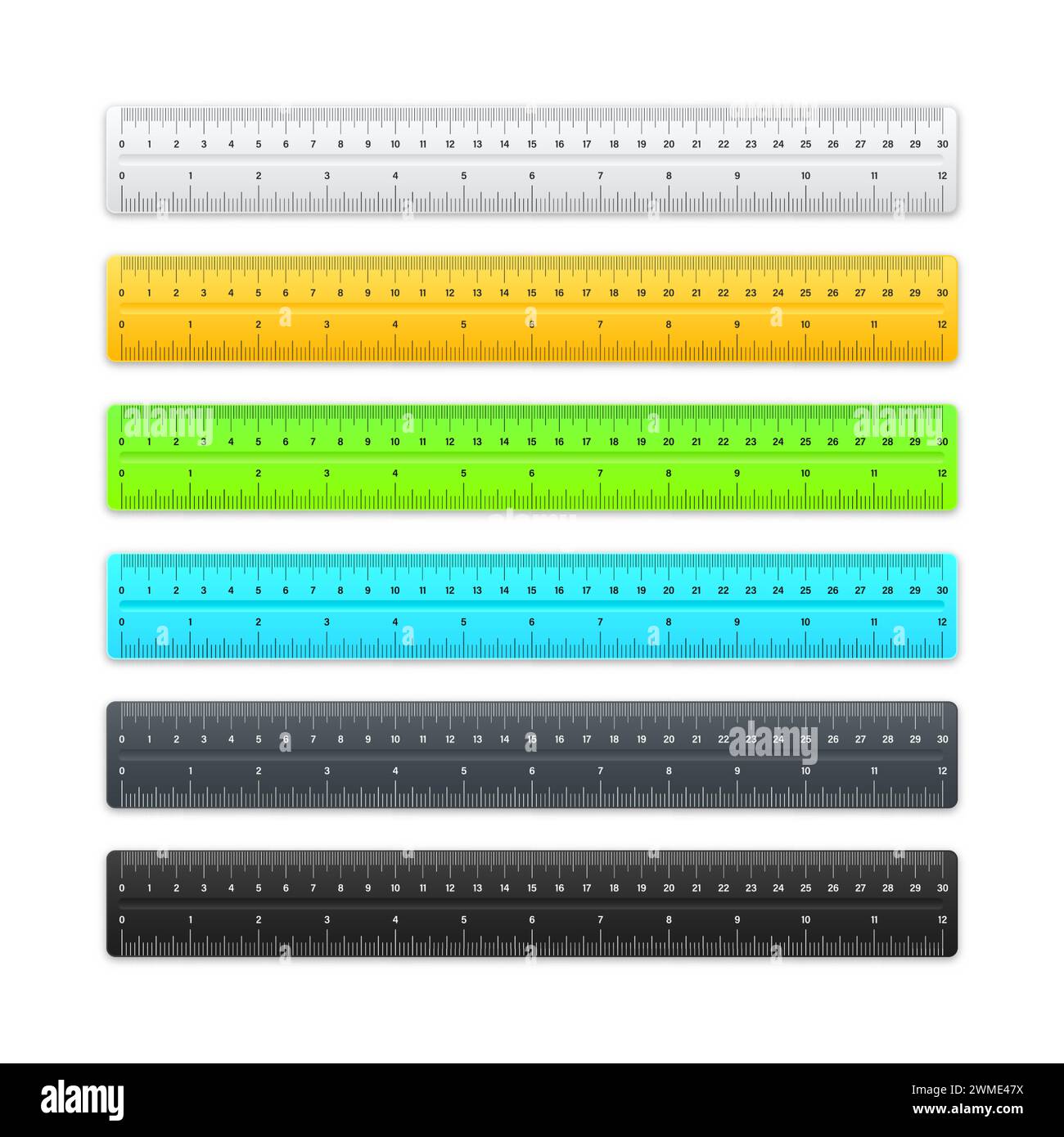 Realistic various plastic rulers with measurement scale and divisions ...