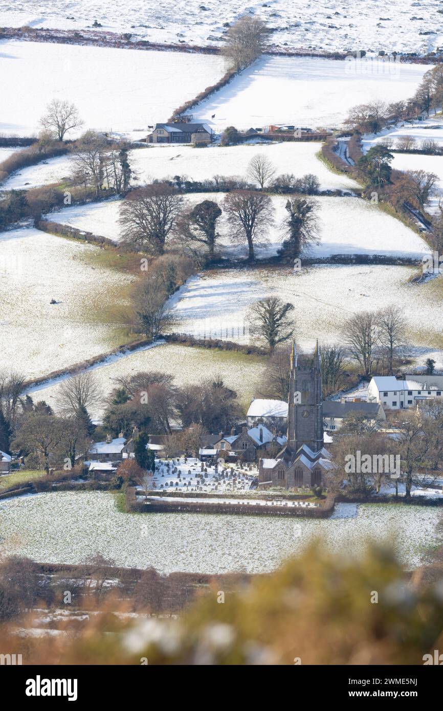Snowy landscape around Widecombe in the Moor - Dartmoor NP, Devon, UK Stock Photo