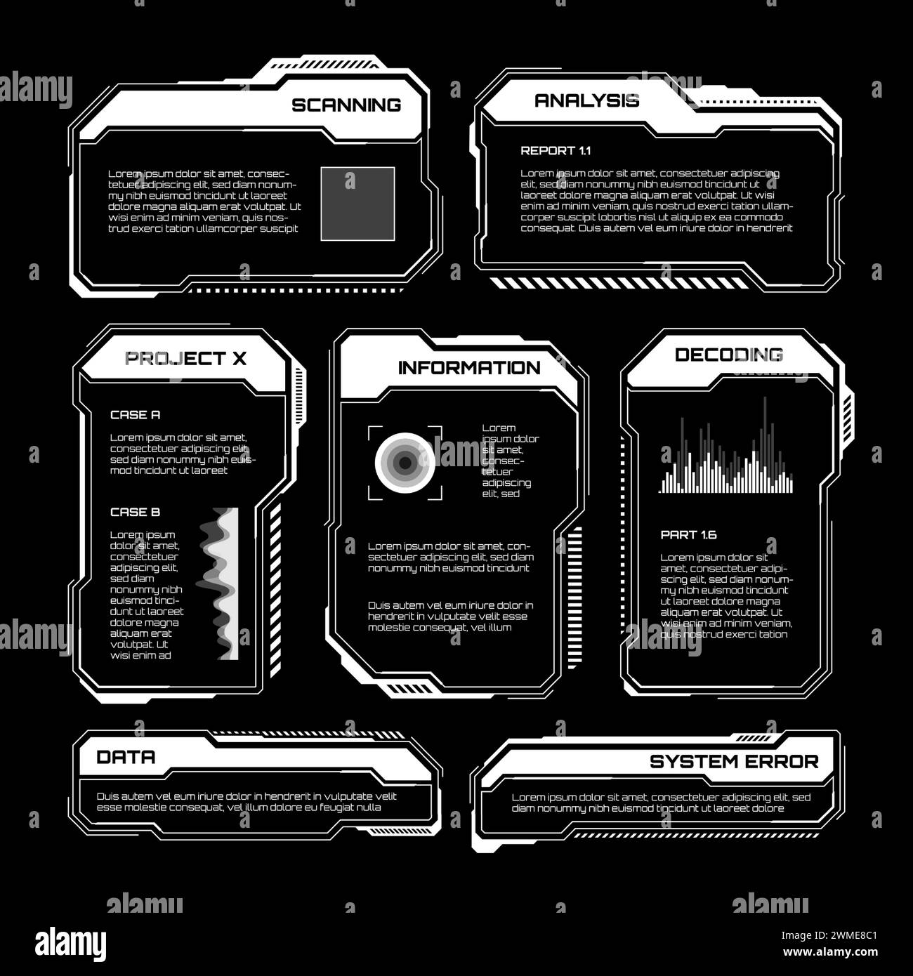 White futuristic HUD, UI elements. Sci-fi user interface text boxes ...