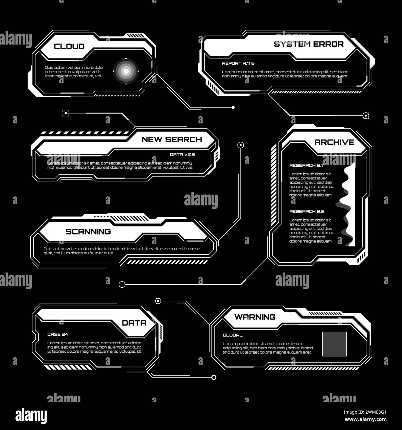White futuristic HUD, UI elements. Sci-fi user interface text boxes ...