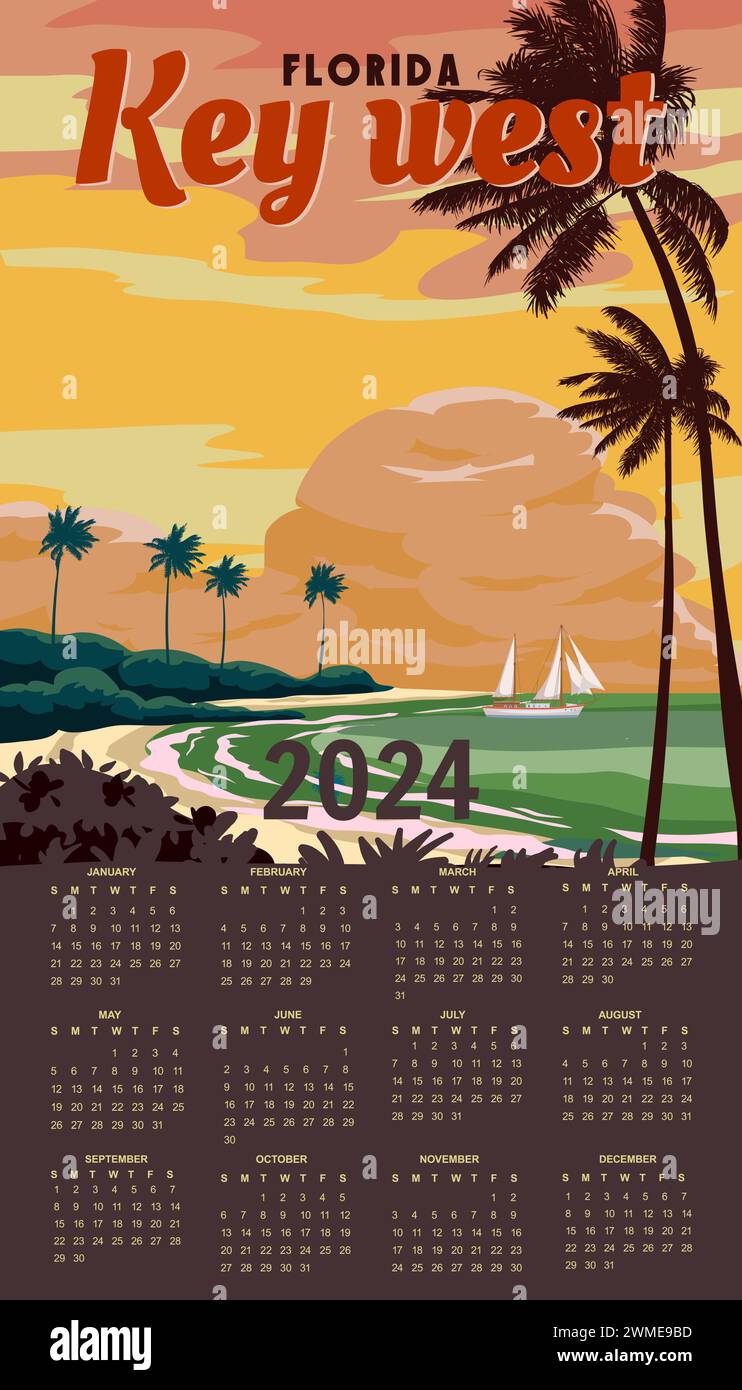 Calendar 2024 Retro Wall Poster Key West Florida Beach Stock Vector