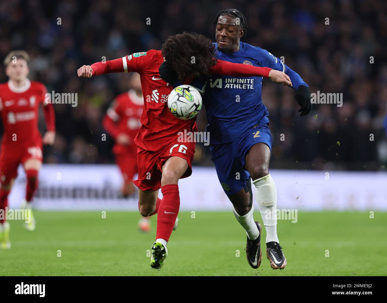 London, England, 25th February 2024. Jayden Danns of Liverpool and Axel Disasi of Chelsea challenge for the ball during the Carabao Cup match at Wembley Stadium, London. Picture credit should read: Paul Terry / Sportimage Stock Photo