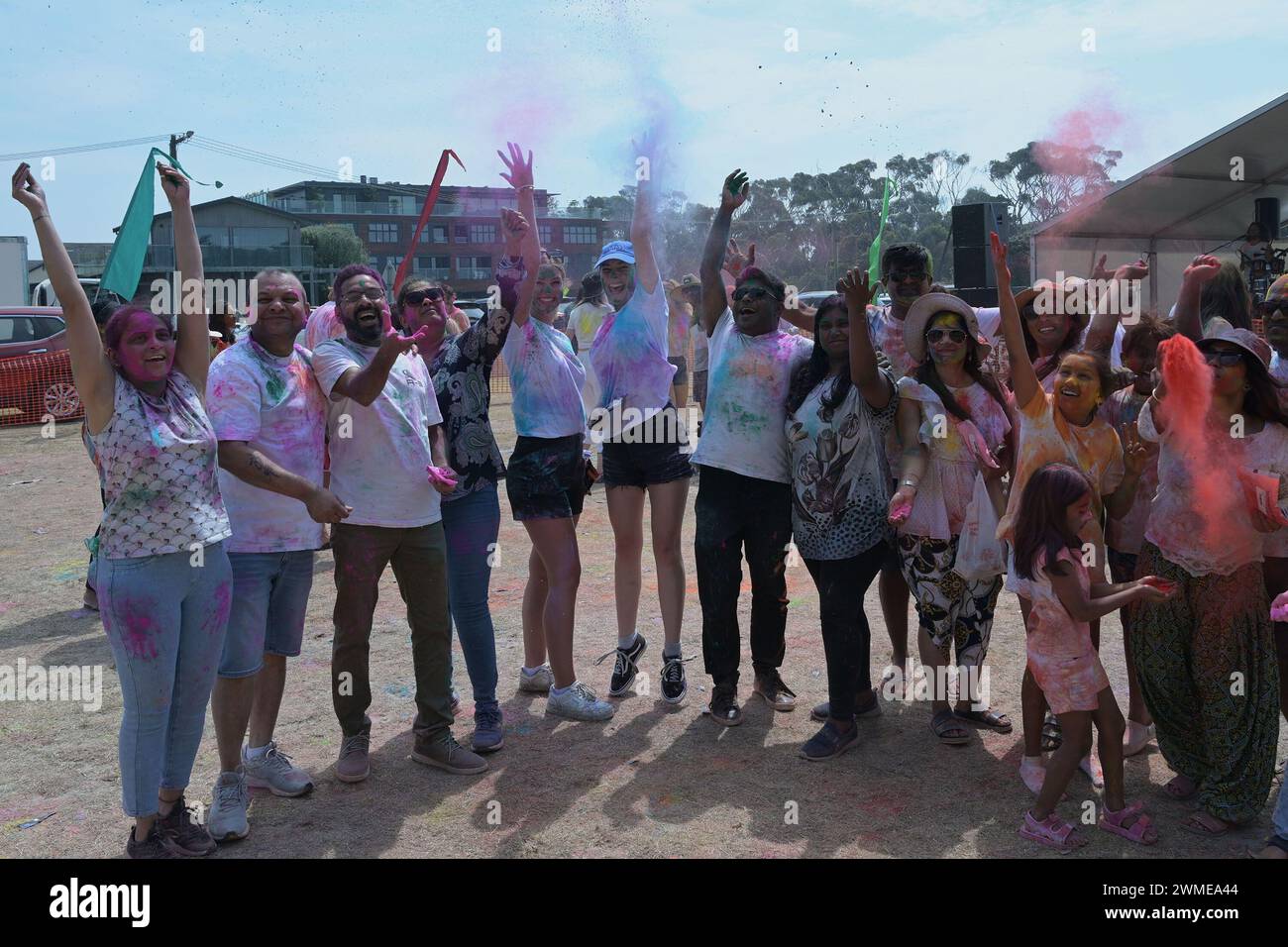 Melbourne, Victoria, Australia. 25th Feb, 2024. People celebrating Festivals of colors Holi (a part of the celebration of the oneness of the human spirit) organized by Explore Hare Krishna Valley in Melbourne. Holi is a sacred ancient tradition of Hindus, a holiday in many states of India and Nepal with regional holidays in other countries. It is a cultural celebration that gives Hindus and non-Hindus alike an opportunity to have fun banter with other people by throwing colored water and powder called Gulal at each other, honors the triumph of good over evil. Credit: ZUMA Press, Inc./Alamy Liv Stock Photo