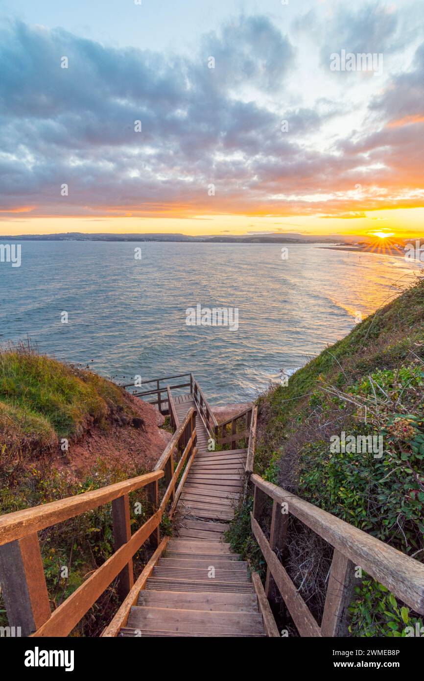 Stairs to Exmouth Beach from Orcombe Point at Sunset - Exmouth, Devon, UK Stock Photo