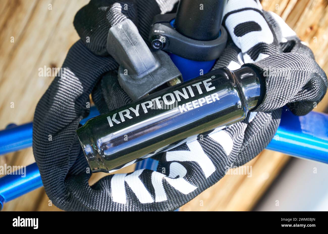 Kryptonite lock on a bike. Kryptonite locks are known for their security and are made using