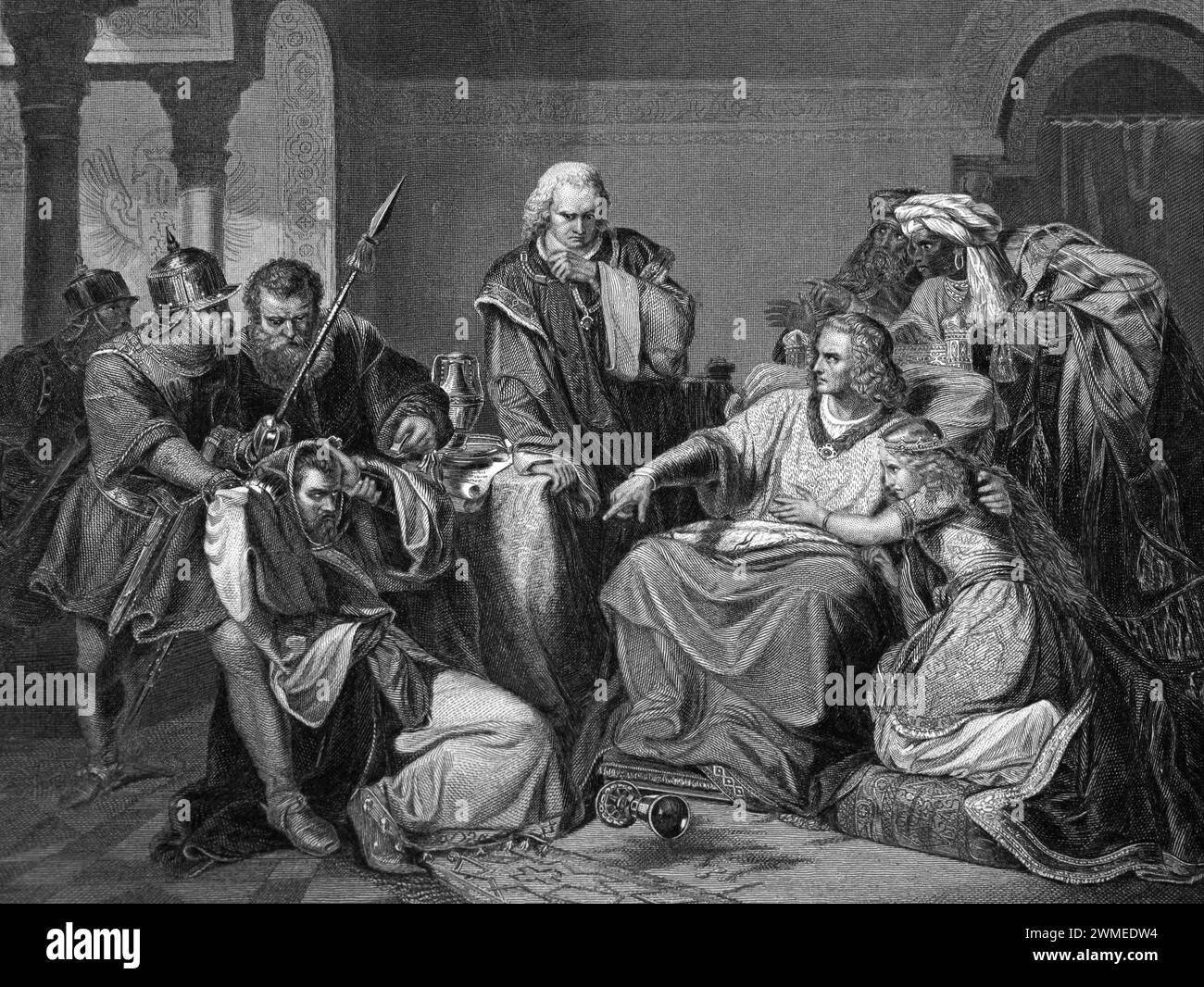 19th century engraving The Plot to Poison The Emperor Frederic II Stock Photo