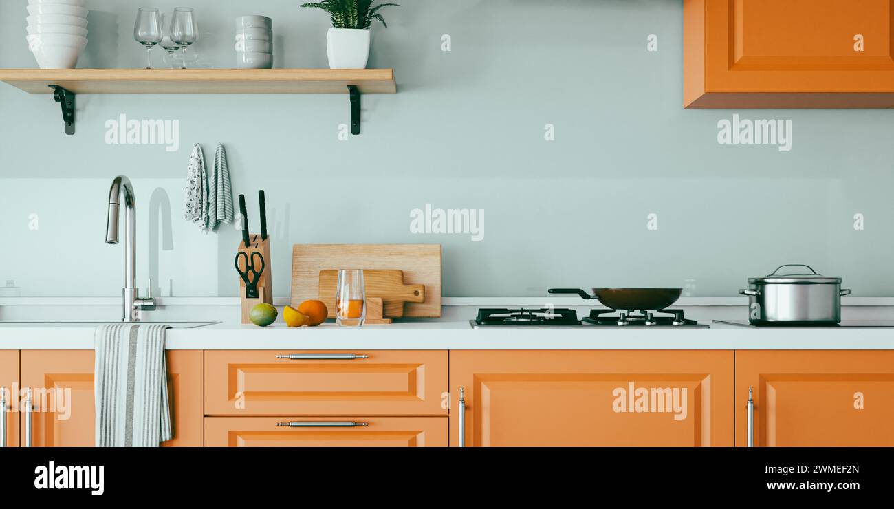 Modern kitchen design combining orange and blue.3d rendering Stock Photo