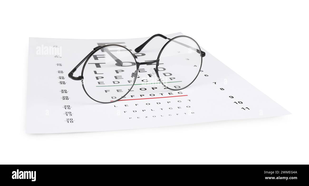 Glasses and vision test chart isolated on white Stock Photo Alamy