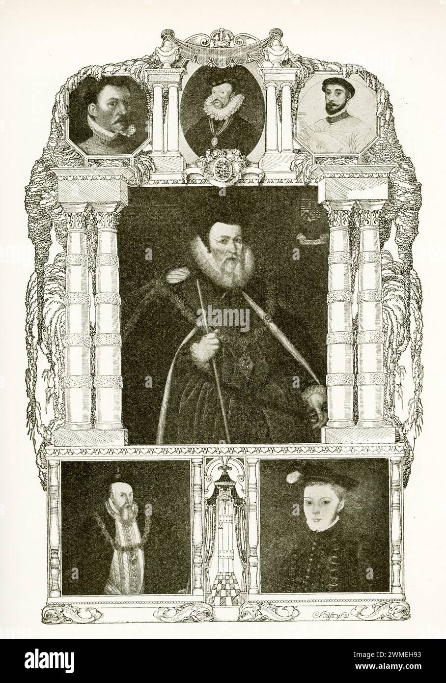 Titled “Effigies of the Mary Stuart Tragedy,” this image shows from top to bottom, left to right: Earl of Bothwell (third husband of Mary Stuart), Sir Umnas Paulet (dungeon master of Mary Stuart), David Riccio (secretary of Mary Stuart), William Cecil/Lord Burleigh (chancellor of Queen Elizabeth), Robert Dudley (Earl of Leicester), Lord Henry Dudley (second husband of Mary Stuart). Mary, Queen of Scots, also known as Mary Stuart or Mary I of Scotland, died 1587. She was Queen of Scotland from 14 December 1542 until her forced abdication in 1567. The only surviving legitimate child of James V o Stock Photo