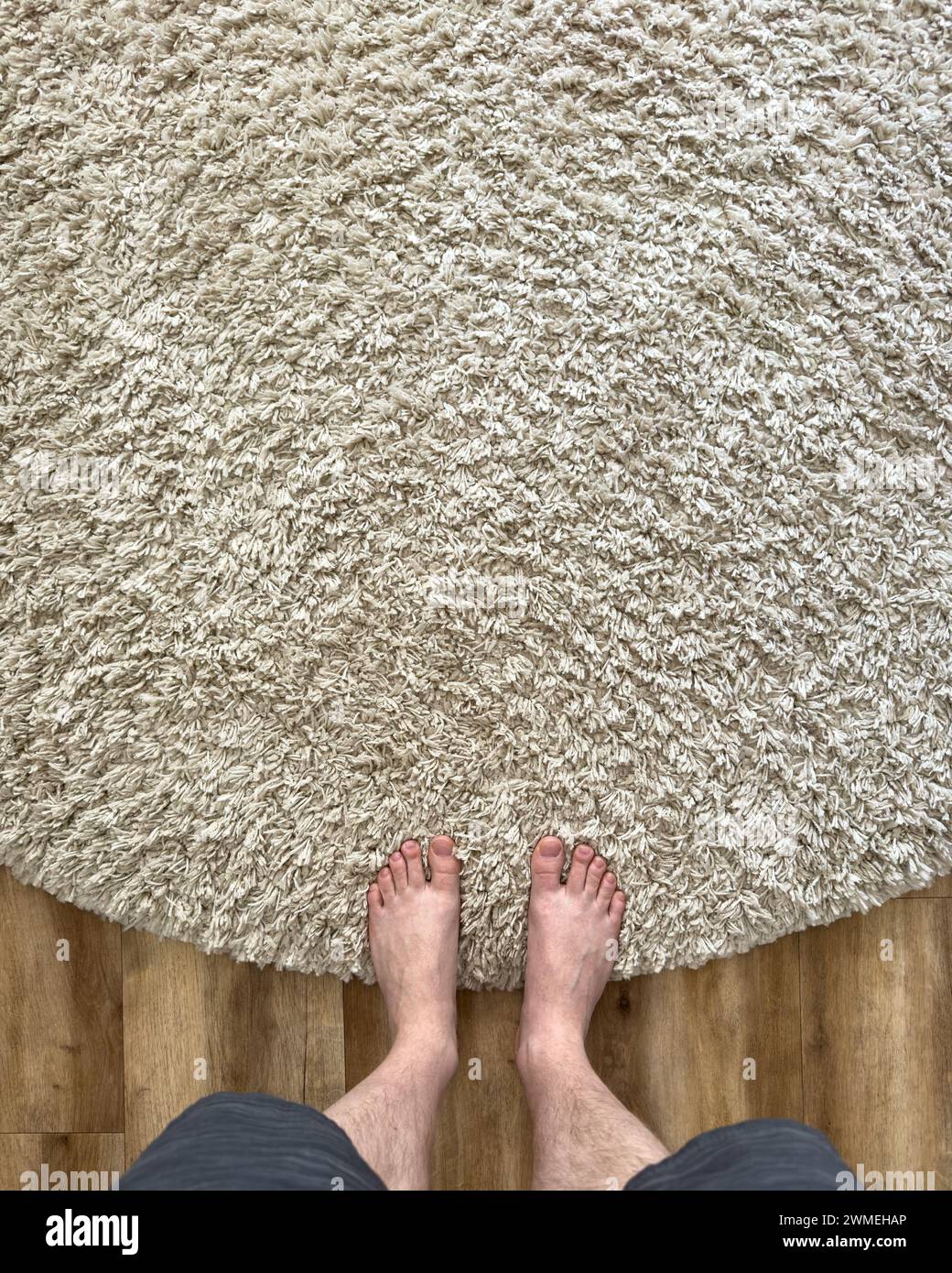 Top view of feet on a beige coloured shag pile floor with timber floor boards Stock Photo