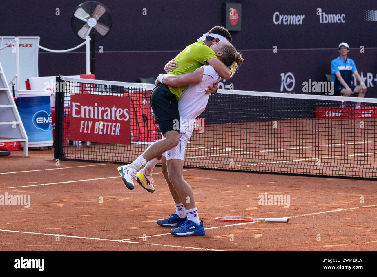 Rio De Janeiro, Brazil. 25th Feb, 2024. Nicolas Barrientos (L) of Colombia /Rafael Matos of Brazil celebrate victory after the men's doubles final between Lucas Miedler/Alexander Erler of Austria and Nicolas Barrientos of Colombia/Rafael Matos of Brazil at the 2024 ATP500 Rio Open at Jockey Club Brasileiro in Rio de Janeiro, Brazil, Feb. 25, 2024. Credit: Wang Tiancong/Xinhua/Alamy Live News Stock Photo