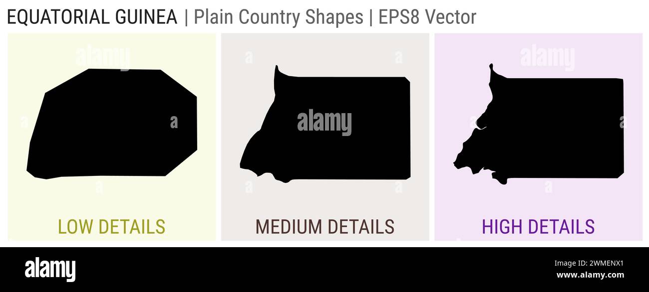 Equatorial Guinea - plain country shape. Low, medium and high detailed maps of Equatorial Guinea. EPS8 Vector illustration. Stock Vector