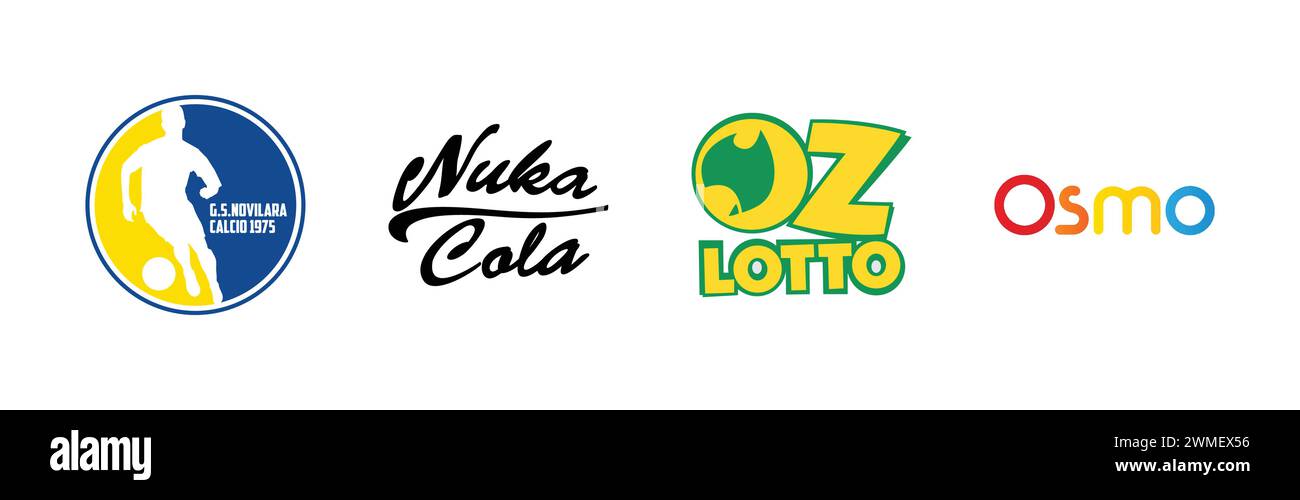 Oz Lotto, Osmo, Nuka Cola, Novilara Calcio,Popular brand logo collection. Stock Vector