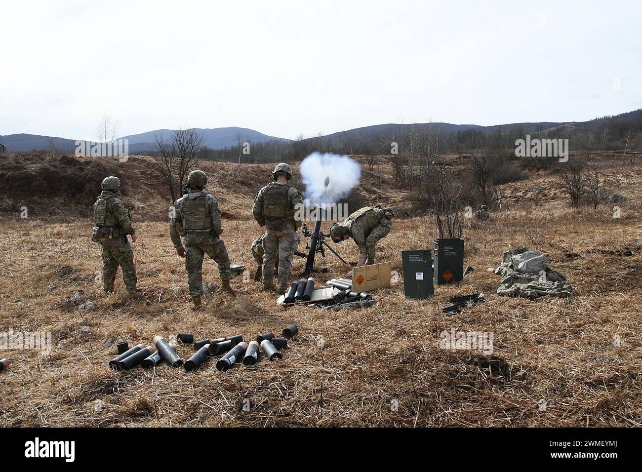 U.S. Army Paratroopers assigned to the 1st Battalion, 503rd Infantry Regiment, 173rd Airborne Brigade fire an  M252 81 mm mortar system during Eagle Ursa exercise at the training range in Slunj, Croatia, Feb. 24, 2024. The 173rd Airborne Brigade is the U.S. Army's Contingency Response Force in Europe, providing rapidly deployable forces to the United States European, African, and Central Command areas of responsibility. Forward deployed across Italy and Germany, the brigade routinely trains alongside NATO allies and partners to build partnerships and strengthen the alliance. (U.S. Army photo b Stock Photo