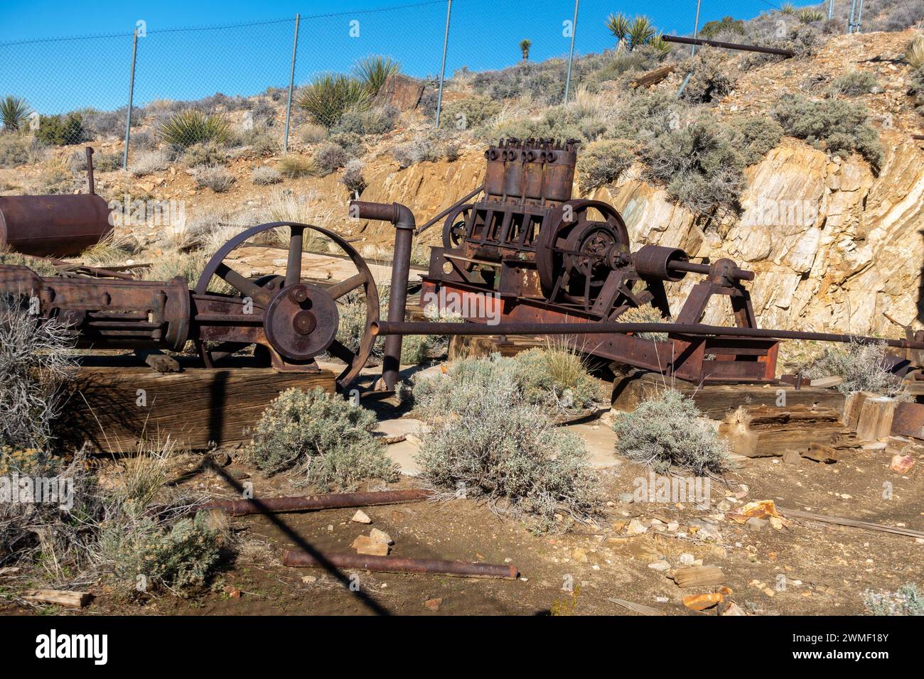Famous Lost Horse Gold and Silver Mine Platform, Rust Colored Industrial Machine Equipment Junkyard. Joshua Tree National Park California Southwest US Stock Photo