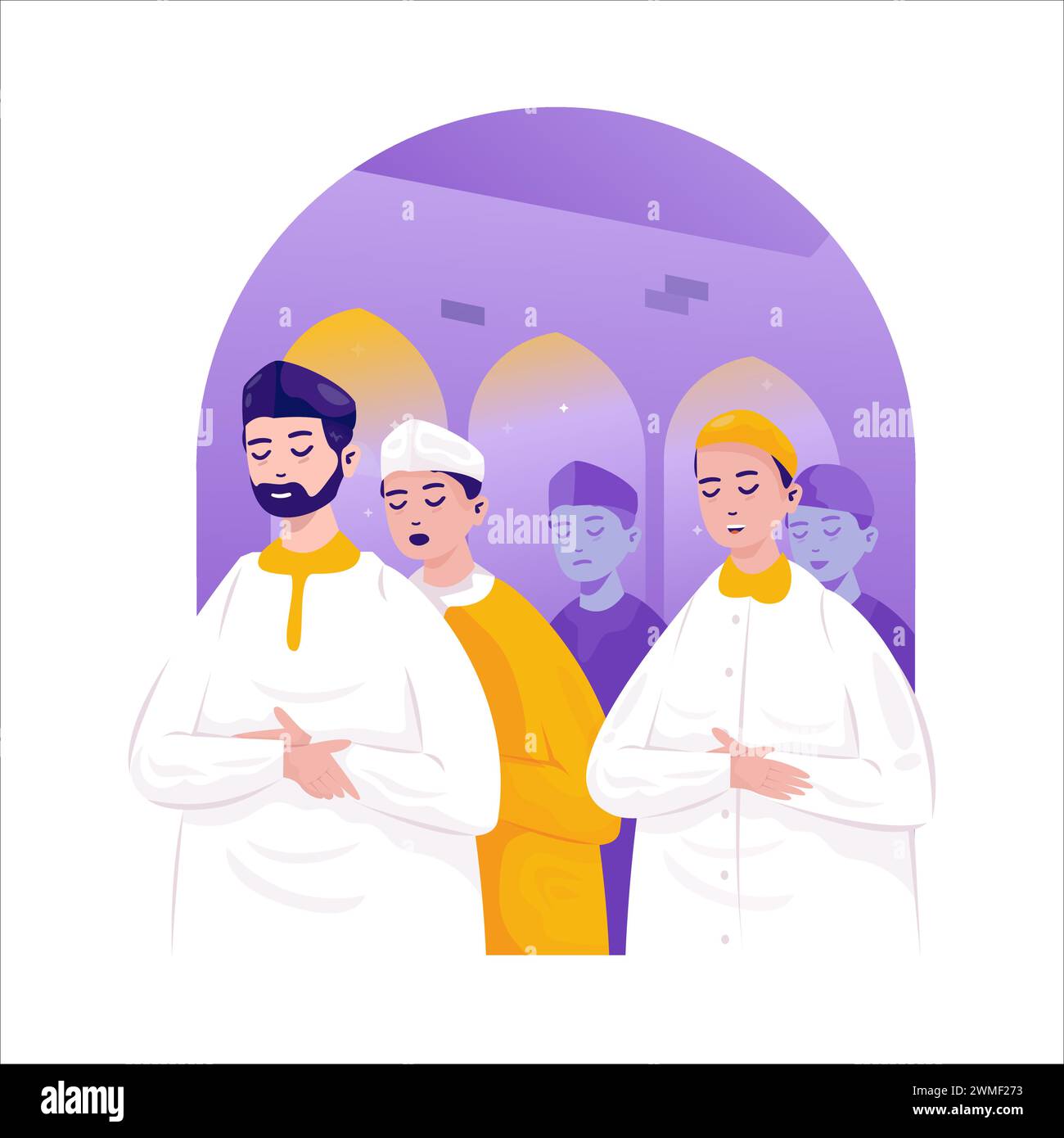 Muslims praying together illustration Stock Vector