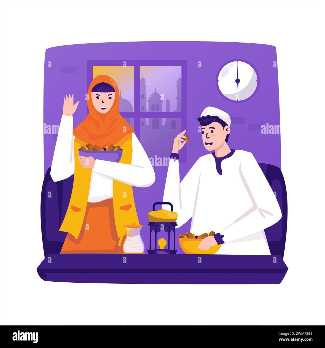 Muslim family doing iftar ramadan illustration Stock Vector