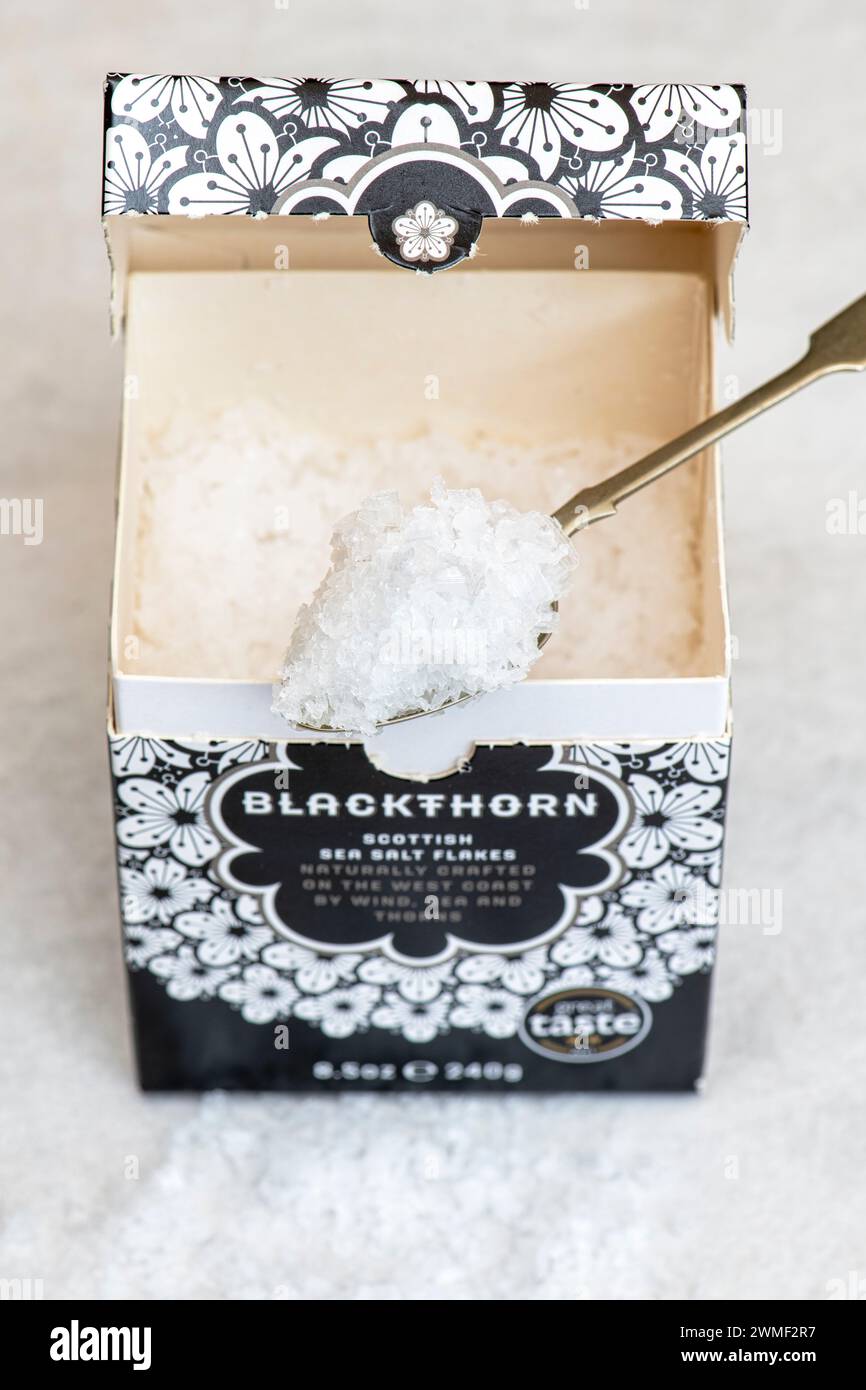 Blackthorn scottish sea salt flakes packaging Stock Photo