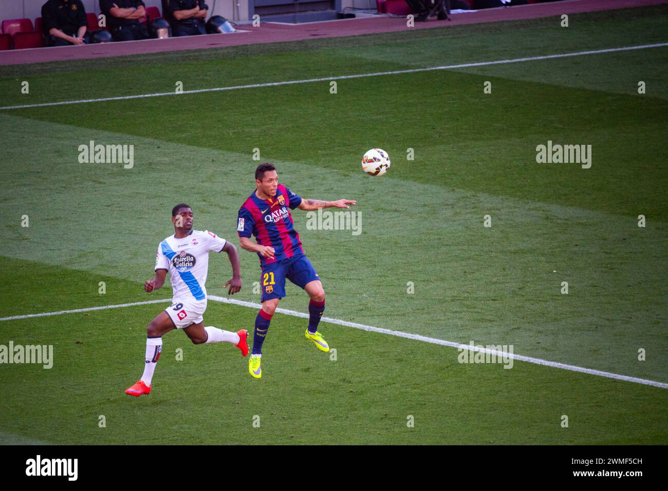 ADRIANO, BARCELONA FC, 2015: Adriano of Barcelona works an opening in the box. The final game of the La Liga 2014-15 season in Spain between Barcelona FC and Deportivo de La Coruna at Camp Nou, Barcelona on May 23 2015. The Game finished 2-2. Barcelona celebrated winning the championship title and legend Xavi's final home game. Deportivo got the point they needed to avoid relegation. Photograph: Rob Watkins Stock Photo