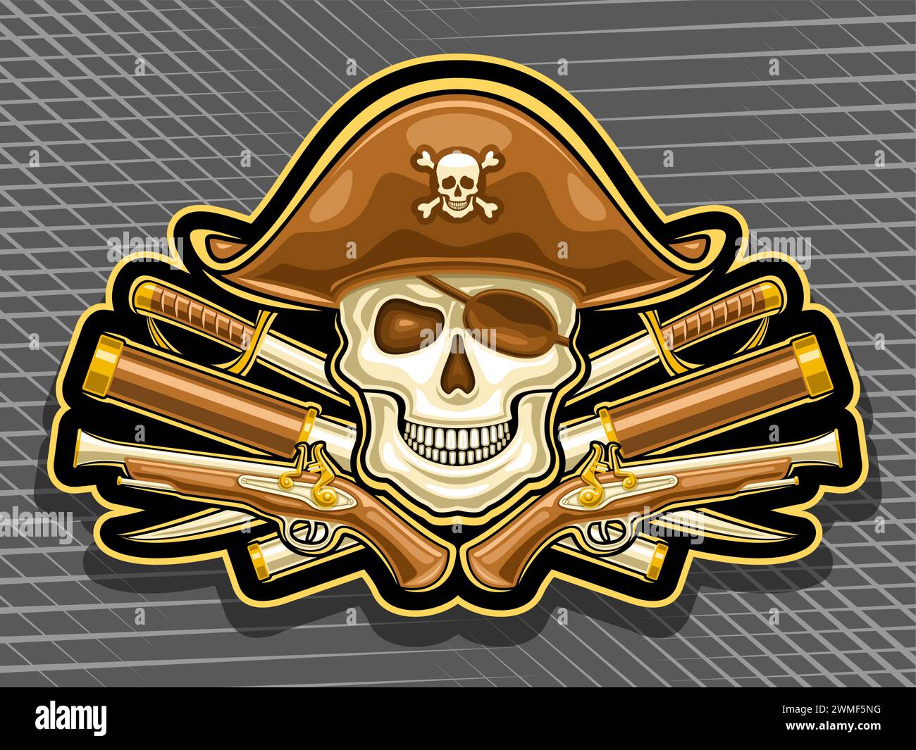 Vector logo for Pirate Skull, horizontal poster with illustration of smiling skull in sea hat and pirate eyepatch, decorative crest with art design pi Stock Vector