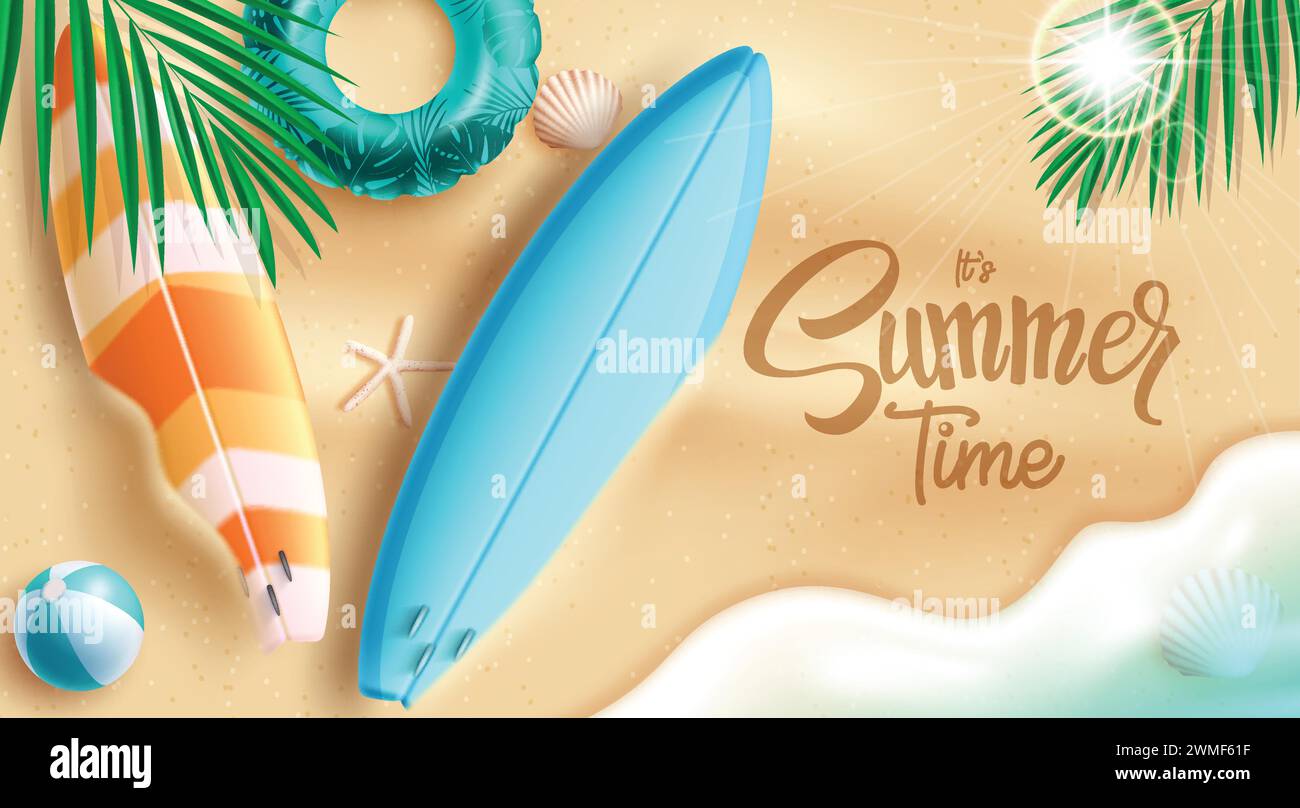 Summer time text vector background design. It's summer time greeting text in seashore beach sand with surfboard, floaters and beachball decoration Stock Vector