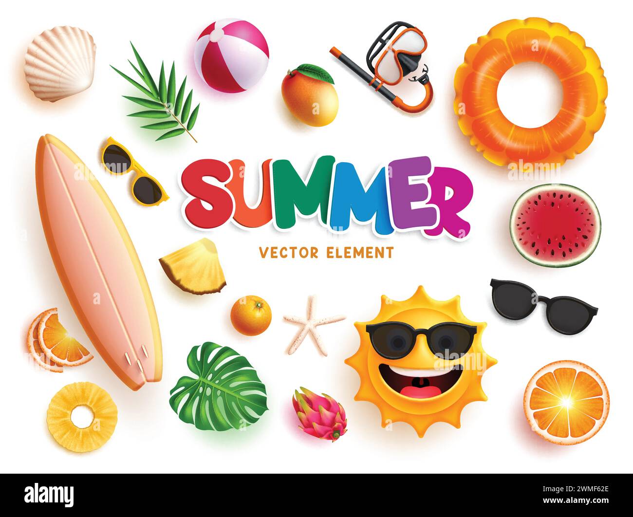Summer elements beach vector set design. Summer elements surfboard ...