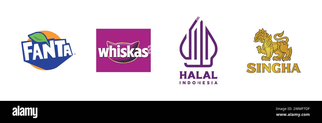 Halal,Whiskas,Fanta,Singha,Popular brand logo collection Stock Vector