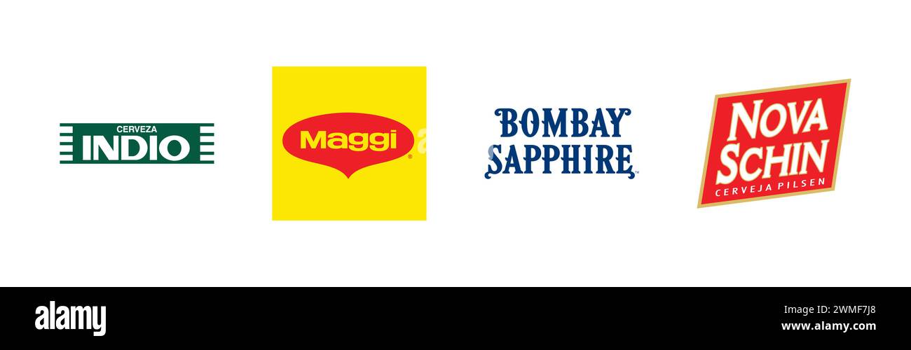 Maggi,Indio,Nova Schin Cerveja Pilsen,Bombay Sapphire,Popular brand logo collection Stock Vector