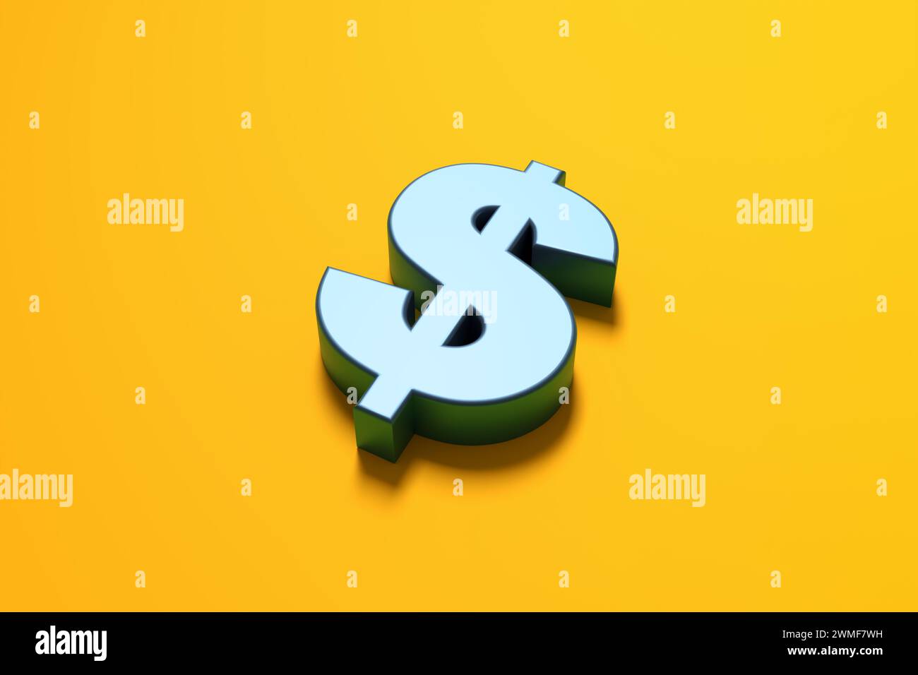 Metallic blue US American dollar currency symbol on yellow background. Business and finance concept. 3D render. Stock Photo