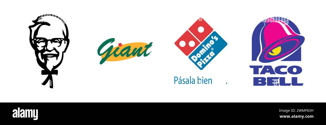 Giant ,Dominos Pizza Pasala Bien,KFC,Taco Bell,Popular brand logo collection Stock Vector