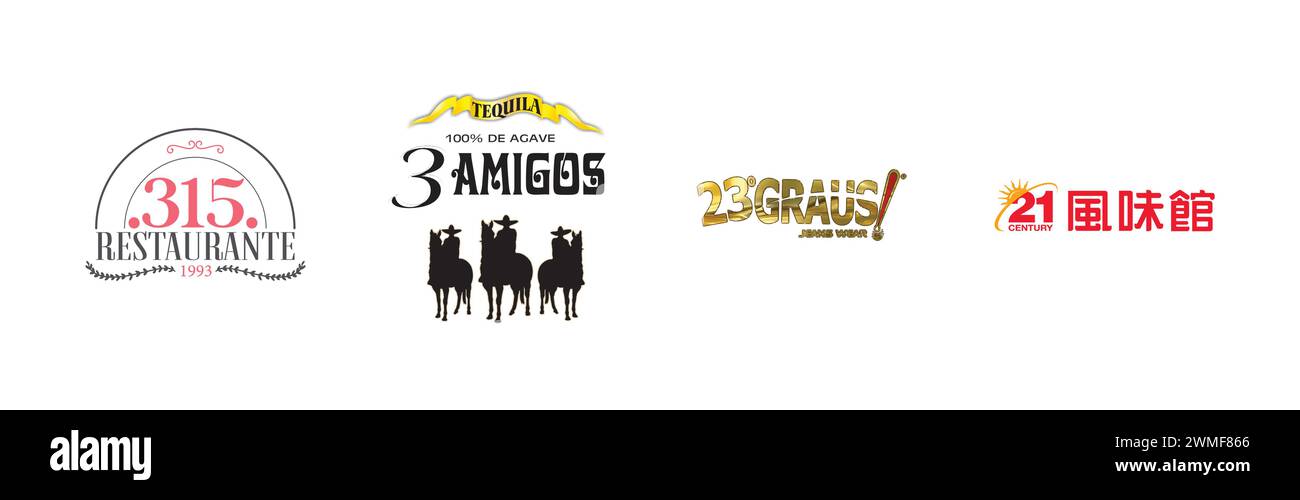 315 Restaurante,3 Amigos Tequila,23 Graus Jeans Wear,21 Century Chicken,Popular brand logo collection Stock Vector