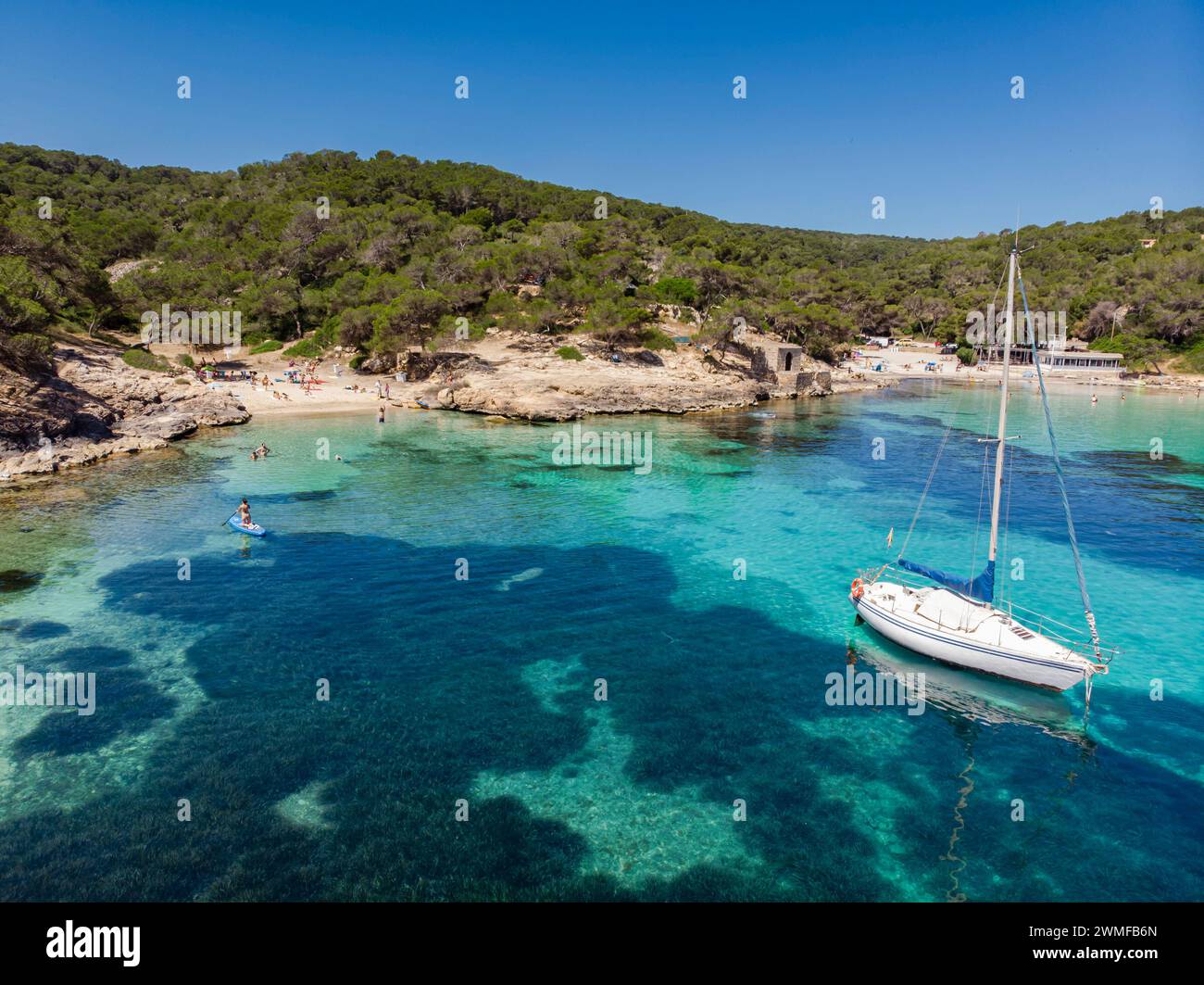 sailboat at anchor, Cala Portals Vells, Calvia, Mallorca, Balearic Islands, Spain Stock Photo
