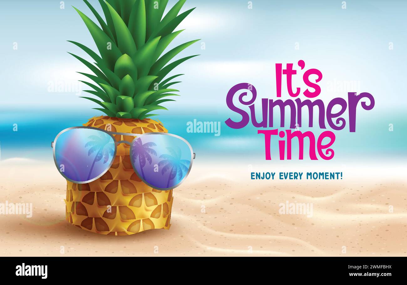 Summertime greeting text vector design. It's summer time greeting with pineapple tropical fruit wearing sunglasses in beach sand background for season Stock Vector