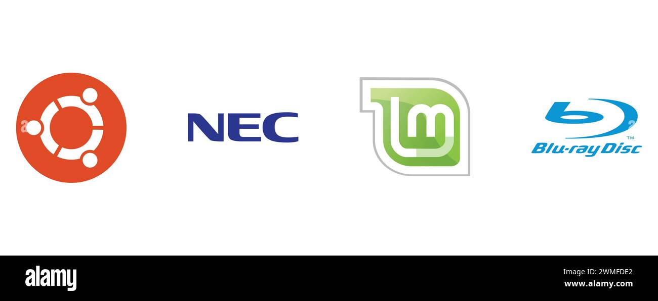 NEC, LINUX MINT, BLU RAY DISC, UBUNTU ICON. vector illustration isolated on white background. Stock Vector