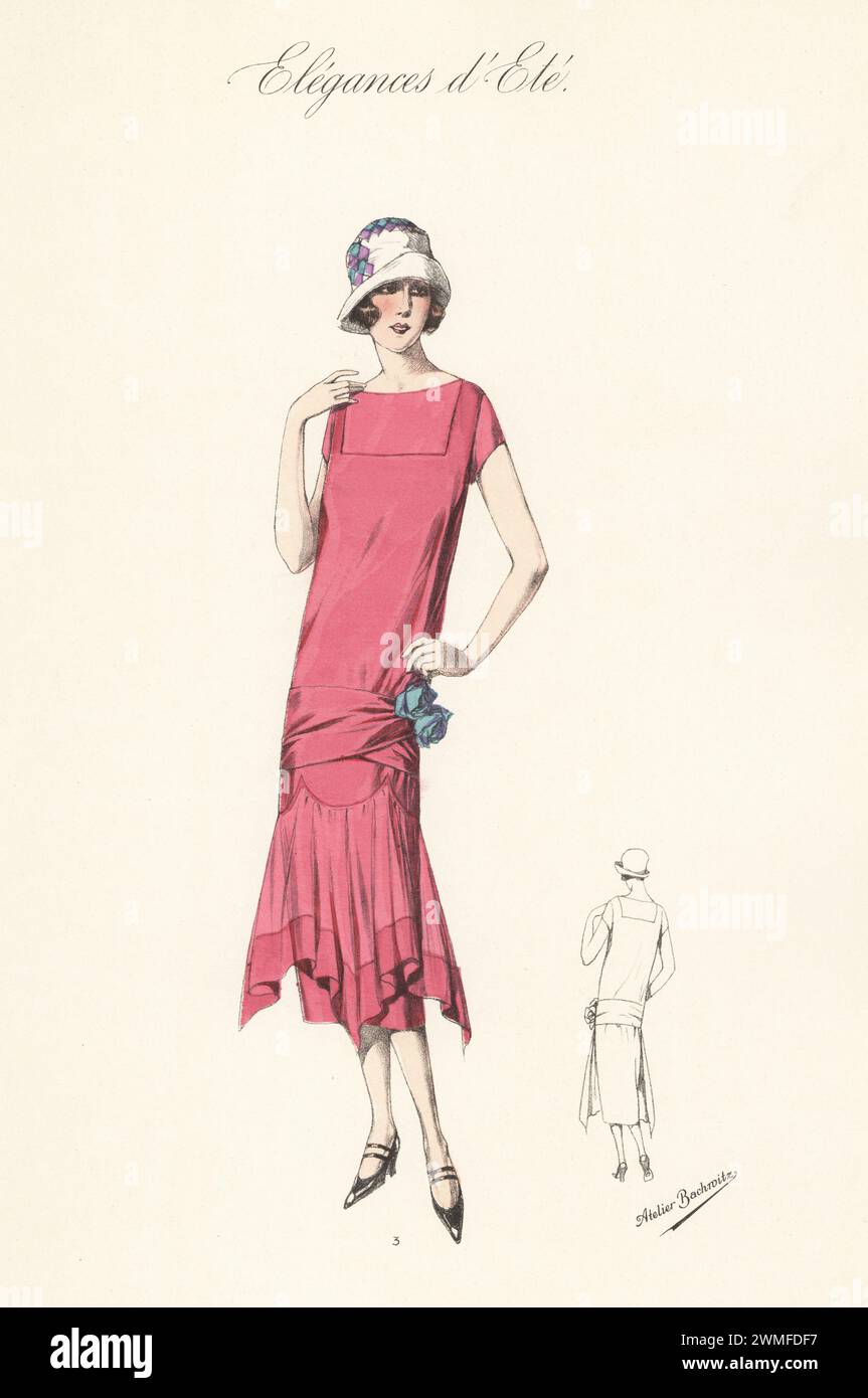 Woman in cloche hat, summer frock in pink Athenian crepe, top cut with shoulder straps, cornered Godet skirt, girdle-belt crossed in front and finished with silk roses. Handcoloured lithograph by Atelier Bachwitz from Modell-Kleider fur den Hochsommer, Elegances d’Ete, Fashions for the Hot Season, Atelier Bachwitz AG, Vienna, 1925. Stock Photo
