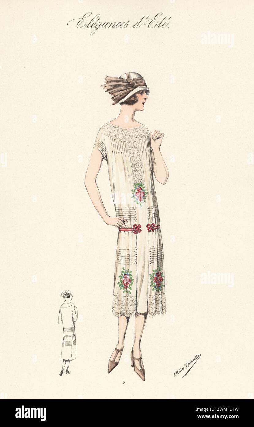 Flapper in cloche hat, afternoon dress of crepe de Chine with vertical and horizontal tucks, bead-embroidery bouquets. Handcoloured lithograph by Atelier Bachwitz from Modell-Kleider fur den Hochsommer, Elegances d’Ete, Fashions for the Hot Season, Atelier Bachwitz AG, Vienna, 1925. Stock Photo