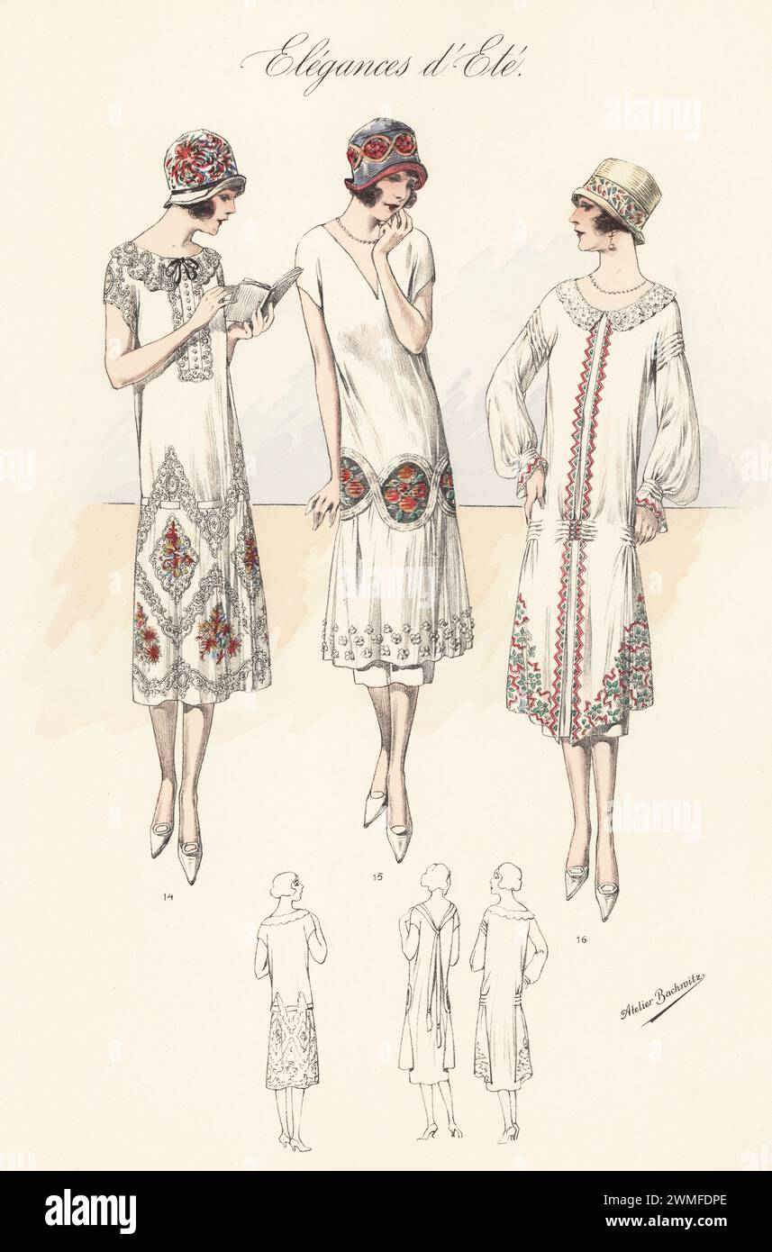 Three flappers in embroidered cloche hats and frocks. Silk voile frock 14, silk crepe frock with tunic front panel 15, and voile mousseline frock with pinafore tunic 16. Handcoloured lithograph by Atelier Bachwitz from Modell-Kleider fur den Hochsommer, Elegances d’Ete, Fashions for the Hot Season, Atelier Bachwitz AG, Vienna, 1925. Stock Photo