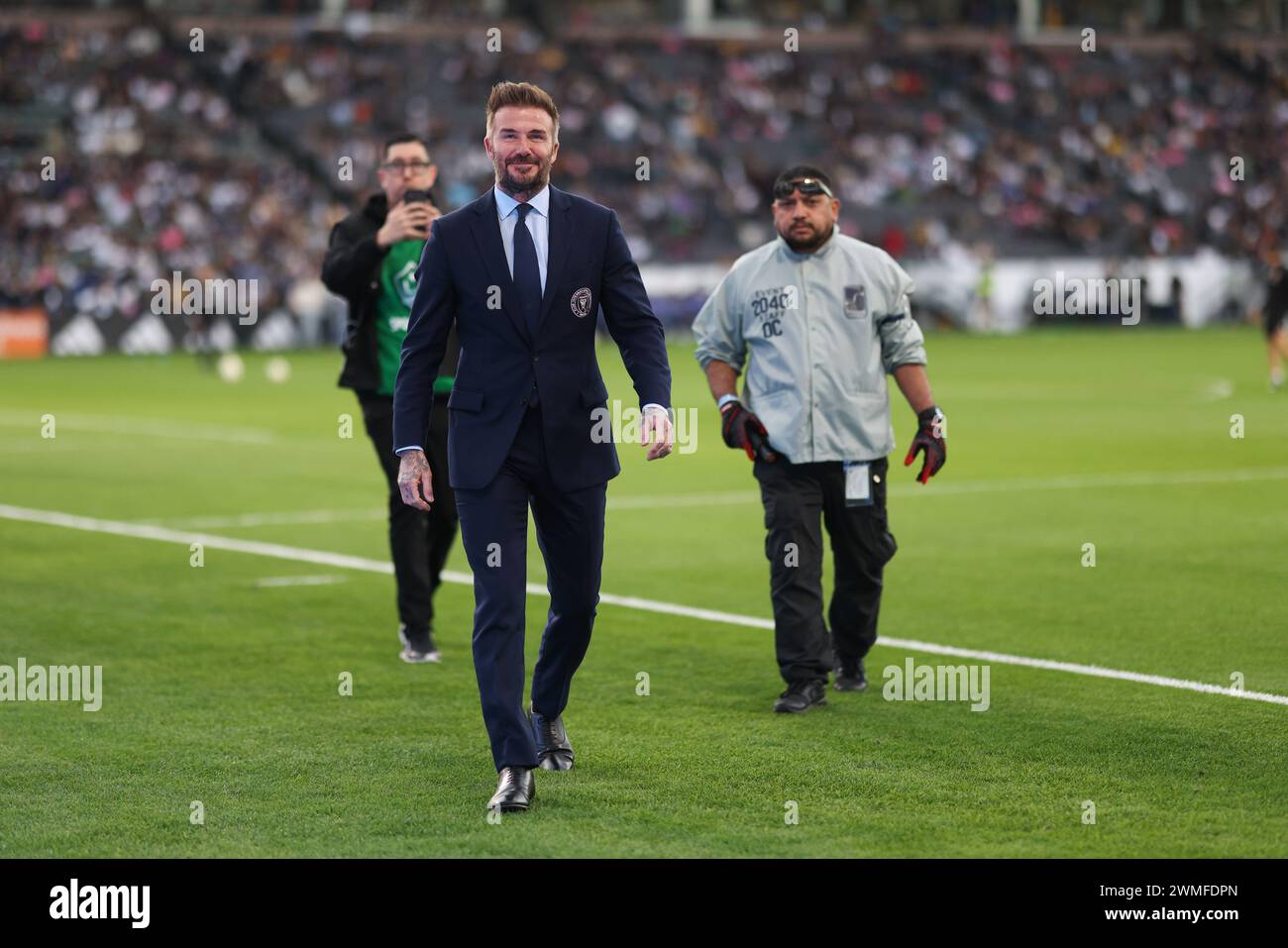 Carson, California, USA. 25th Feb, 2024. Inter Miami CF co-owner DAVID BECKHAM walks over to a Los Angeles Galaxy supporters section before a match between Los Angeles Galaxy and Inter Miami CF at Dignity Health Sports Park in Carson, California. (Credit Image: © Brenton Tse/ZUMA Press Wire) EDITORIAL USAGE ONLY! Not for Commercial USAGE! Credit: ZUMA Press, Inc./Alamy Live News Stock Photo