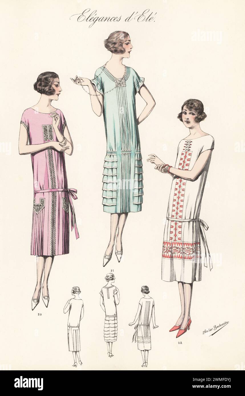 Flappers in short bob haircuts and summer dresses, 1925. Dress in lilac tussalga with embroidered pockets 20, green poplalga with flounces 21 and white crepalga with ribbon girdlesash 22.  Handcoloured lithograph by Atelier Bachwitz from Modell-Kleider fur den Hochsommer, Elegances d’Ete, Fashions for the Hot Season, Atelier Bachwitz AG, Vienna, 1925. Stock Photo